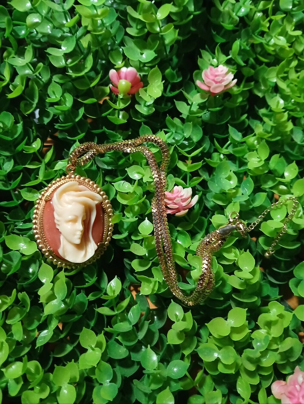 Gold Cameo Pendant Necklace - Pink Cameo on Gold